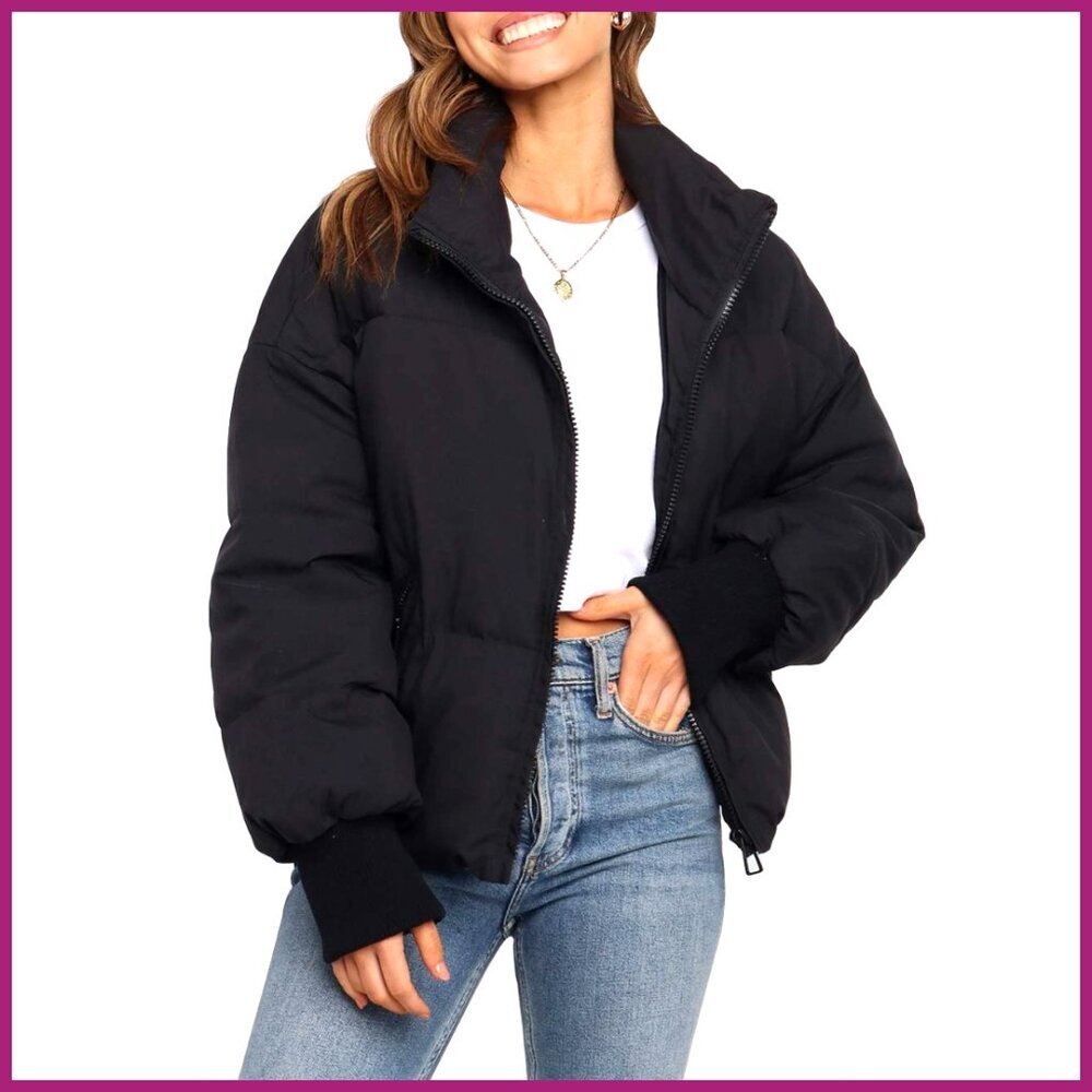 Polyester Puffer Jacket, Quilted Cropped Winter Coat, Windproof Outerwear